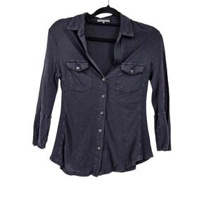 James Perse Mixed Media Button Up Shirt Gray Size 2 Minimalist Capsule Luxury